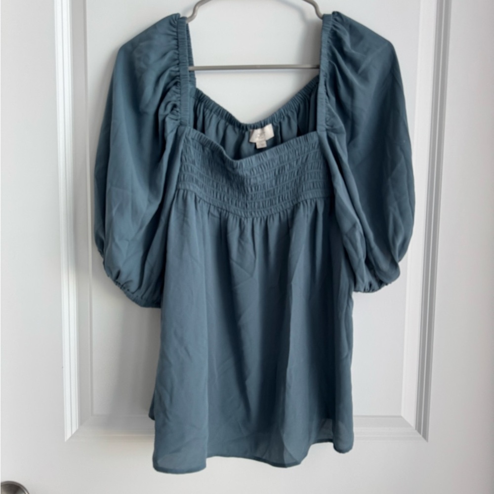 LOFT Dusty Blue Puff Sleeve Smocked Blouse